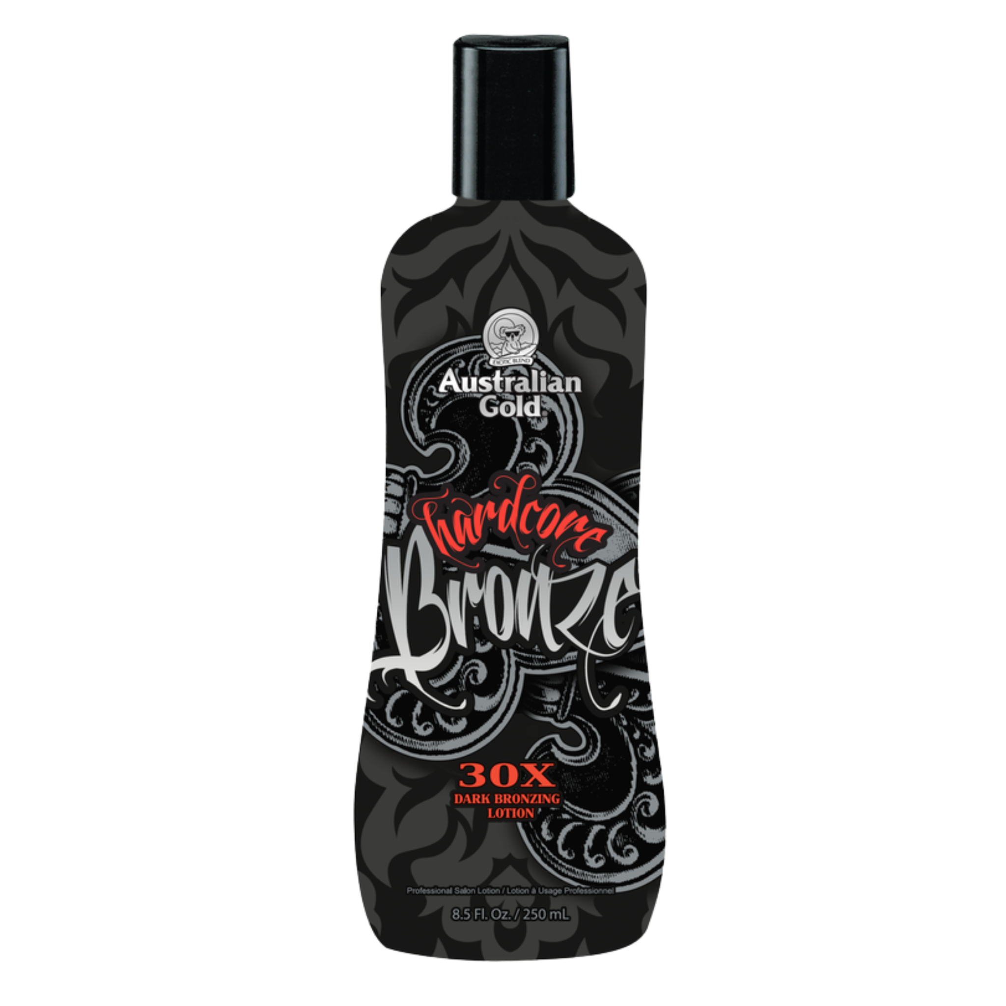 Black bottle of Australian Gold Hardcore Bronzer 30X Dark Bronzing Lotion