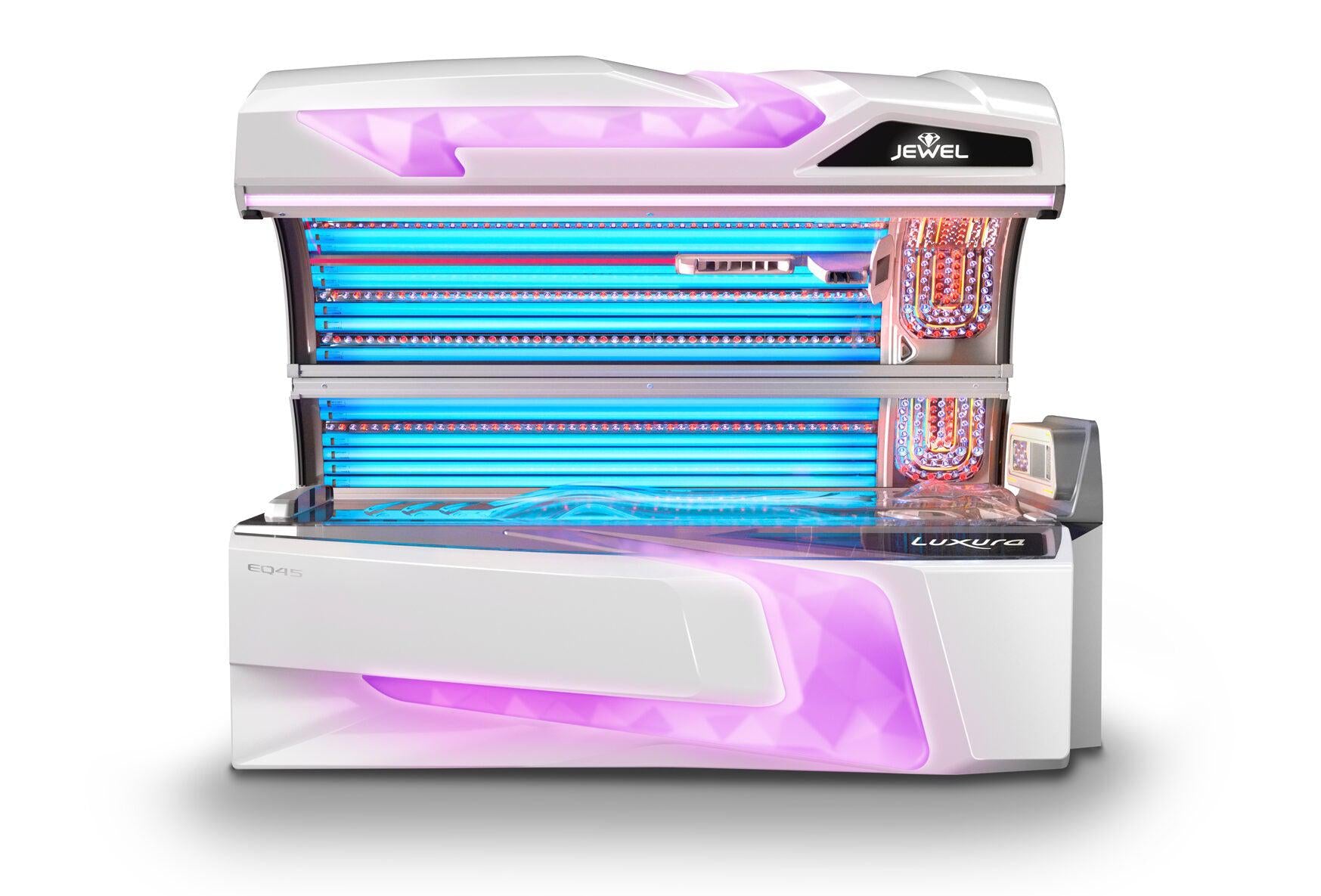 A modern Luxura Jewel EQ45 tanning bed with LED lighting in a white and purple color scheme, showcasing the bed's design and technology.