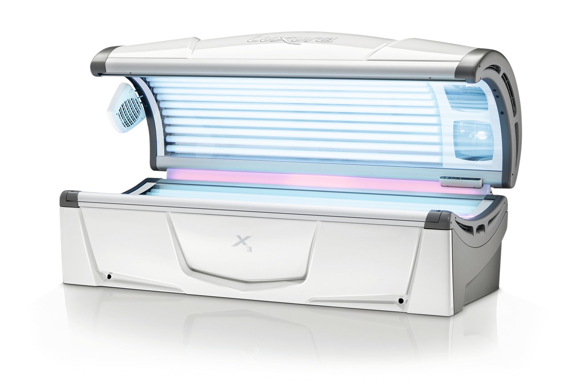 Luxura X3 tanning bed shown open with blue tanning tubes and a decorative pink light strip across the bench.