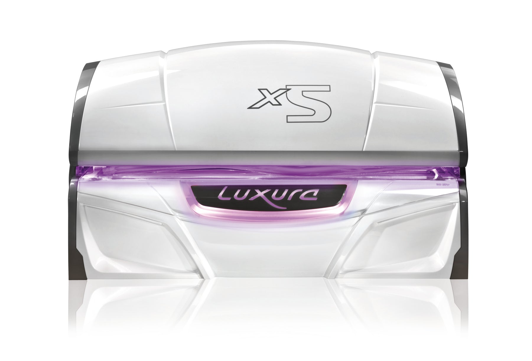 Front view of the Luxura X5 with purple FlowLight LED accents illuminating the centre logo and side panels.