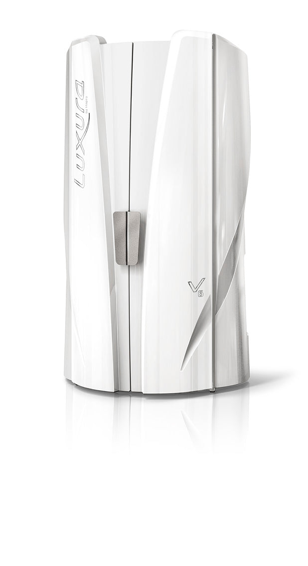 Luxura V6 vertical tanning booth in a full white finish with sleek curved exterior panels.