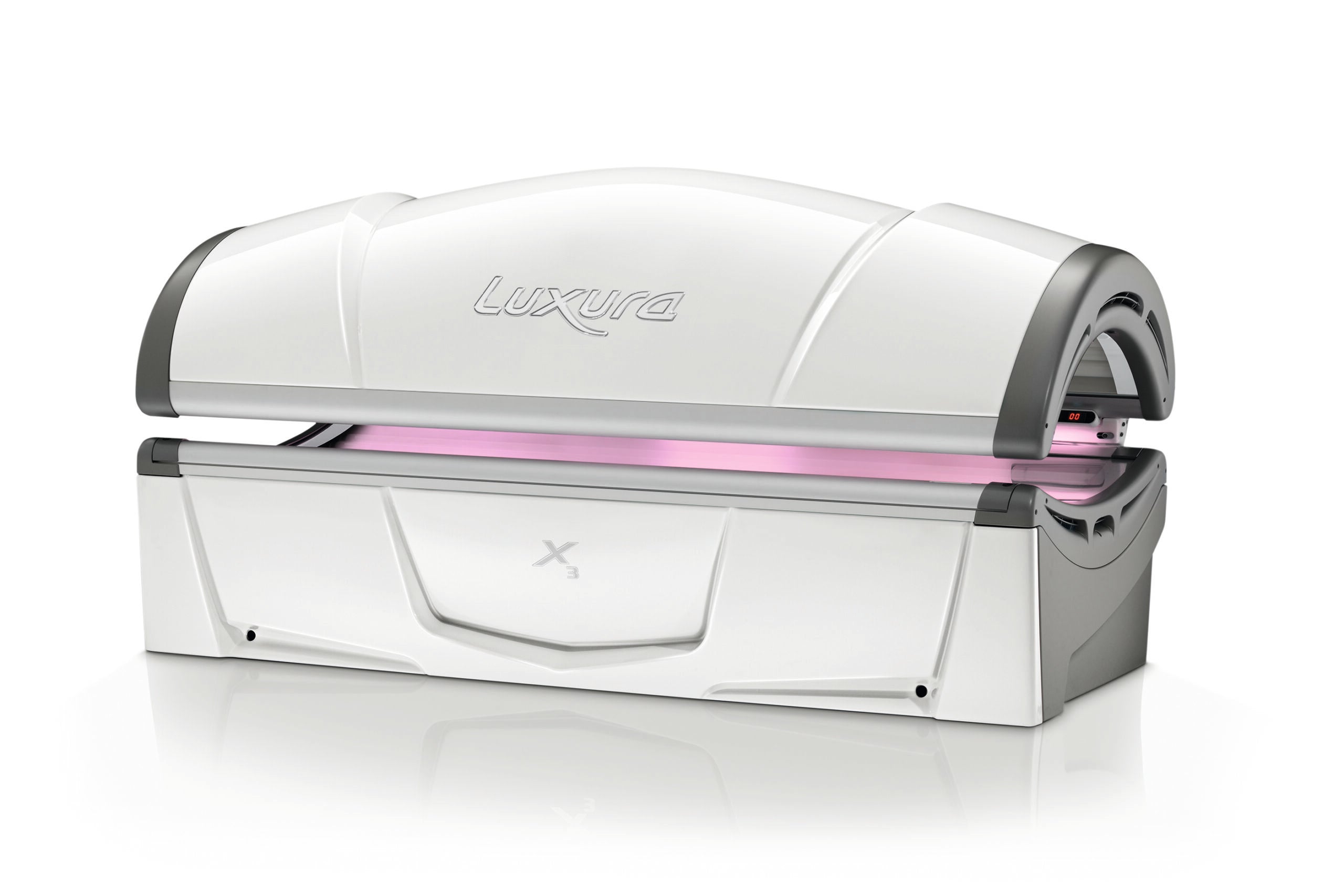 Luxura X3 shown with the canopy slightly open and a soft pink lighting accent across the centre panel.