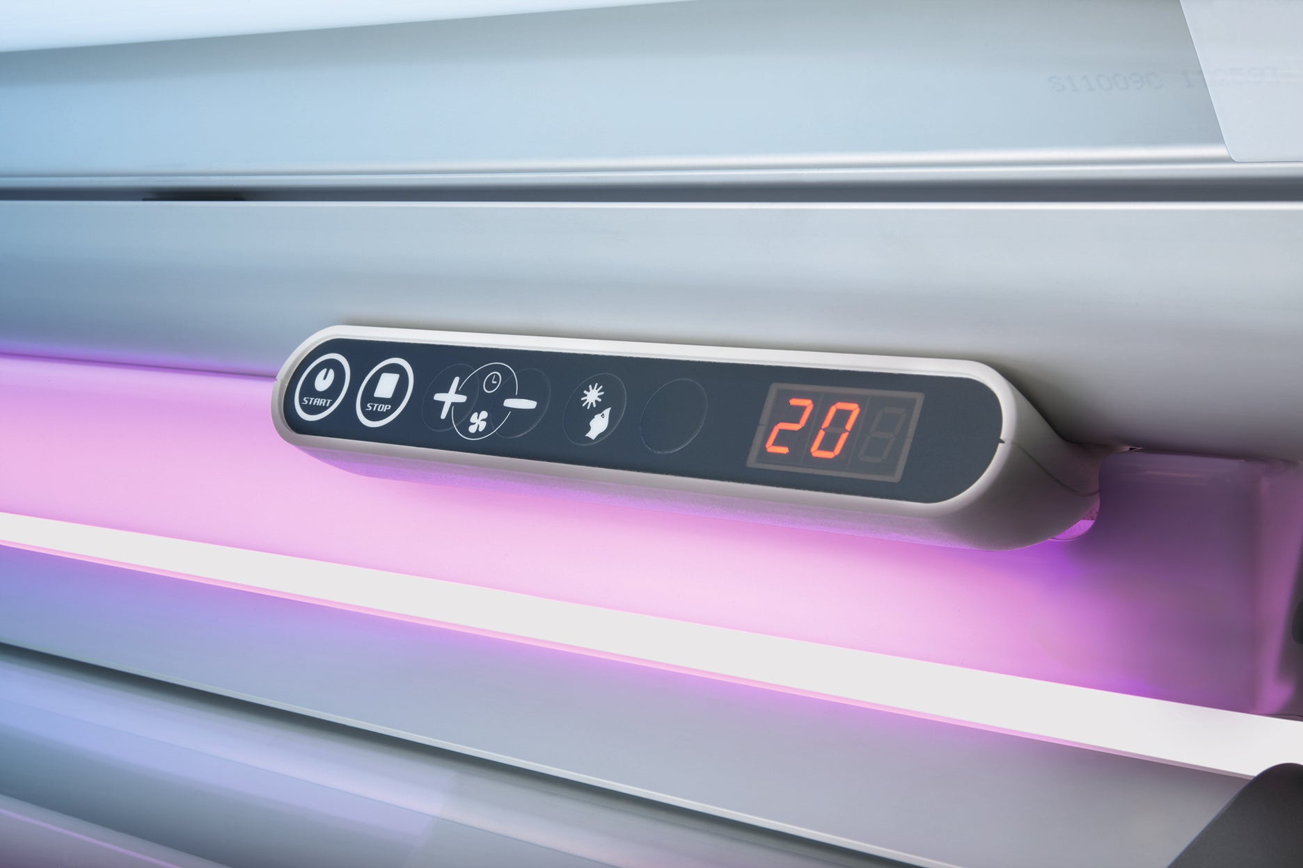 Luxura X3 digital control panel with start/stop buttons, fan controls, face tanner icon, and red LED session timer display.