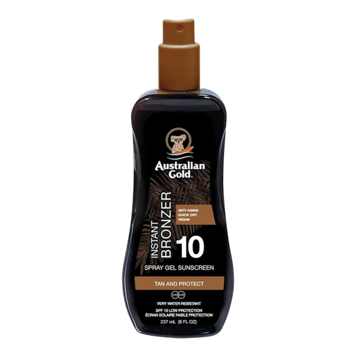 237ml bottle of Australian Gold SPF 10 Spray Gel Sunscreen with Instant Bronzer
