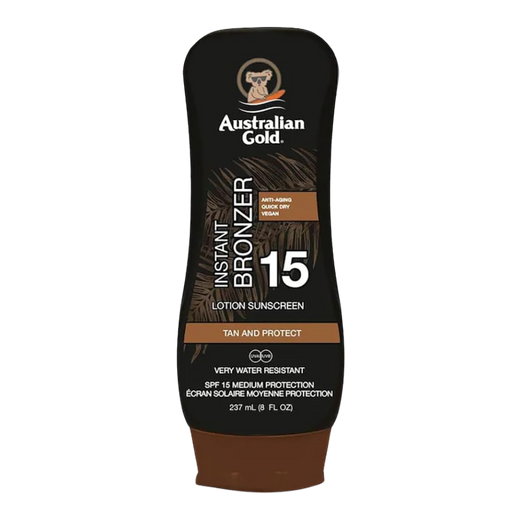 237ml bottle of Australian Gold SPF 15 Lotion Sunscreen with Instant Bronzer