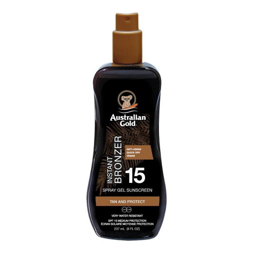 237ml spray of Australian Gold SPF 15 Spray Gel Sunscreen with Instant Bronzer