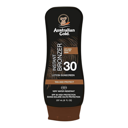 237ml bottle of Australian Gold SPF 30 Lotion Sunscreen with Instant Bronzer