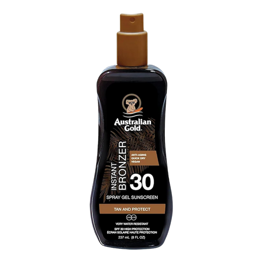 237ml spray of Australian Gold SPF 30 Spray Gel Sunscreen with Instant Bronzer