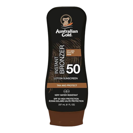 237ml bottle of Australian Gold SPF 50 Lotion Sunscreen with Instant Bronzer