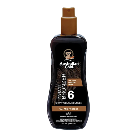 237ml spray of Australian Gold SPF 6 Spray Gel Sunscreen with Instant Bronzer
