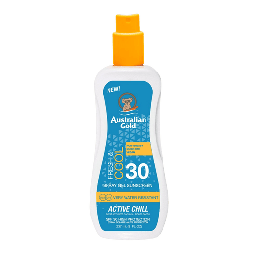 237ml spray of Australian Gold SPF 30 Spray Gel Sunscreen – Active Chill