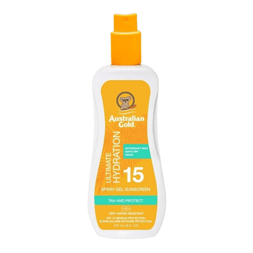 237ml spray of Australian Gold SPF 15 Ultimate Hydration Spray Gel Sunscreen