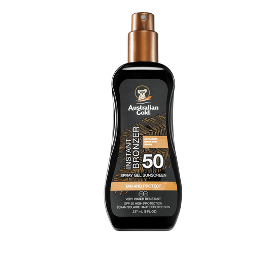 237ml spray of Australian Gold SPF 50 Spray Gel Sunscreen with Instant Bronzer
