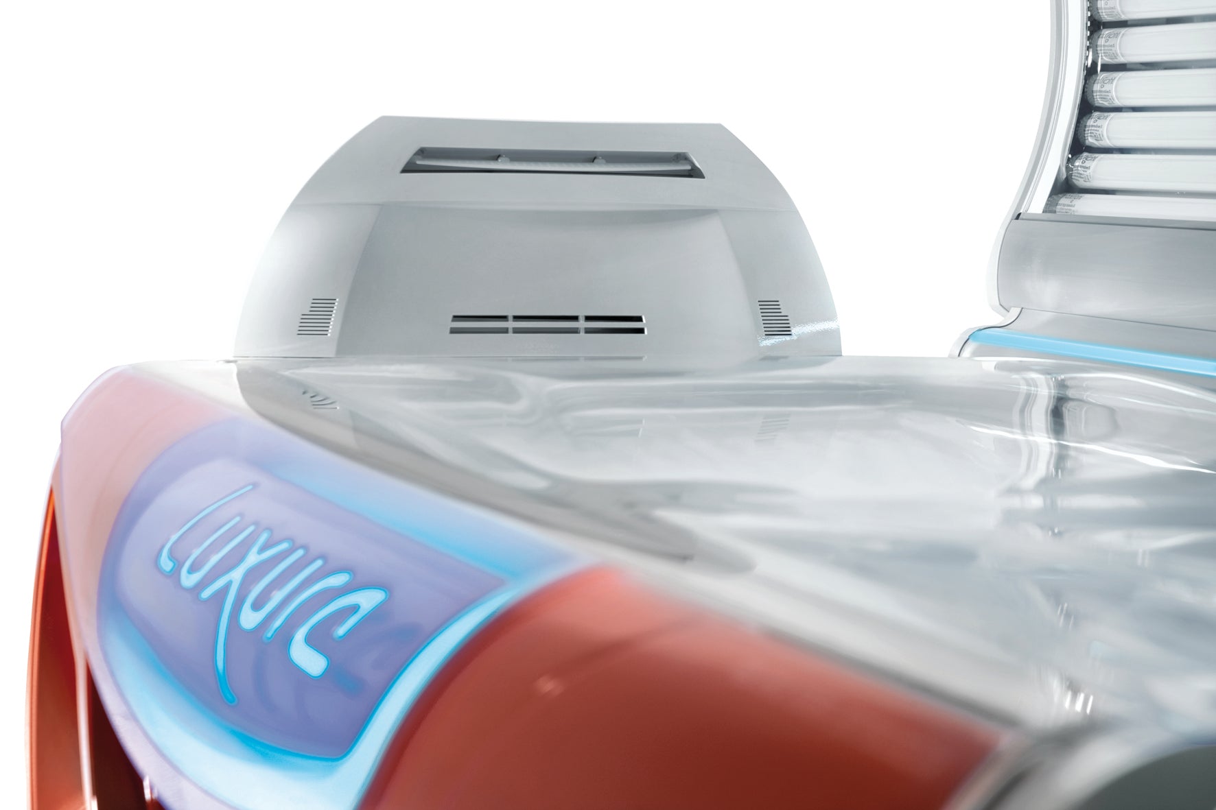 Close-up of the Luxura X7 rear ventilation system and cooling vents positioned behind the tanning surface.