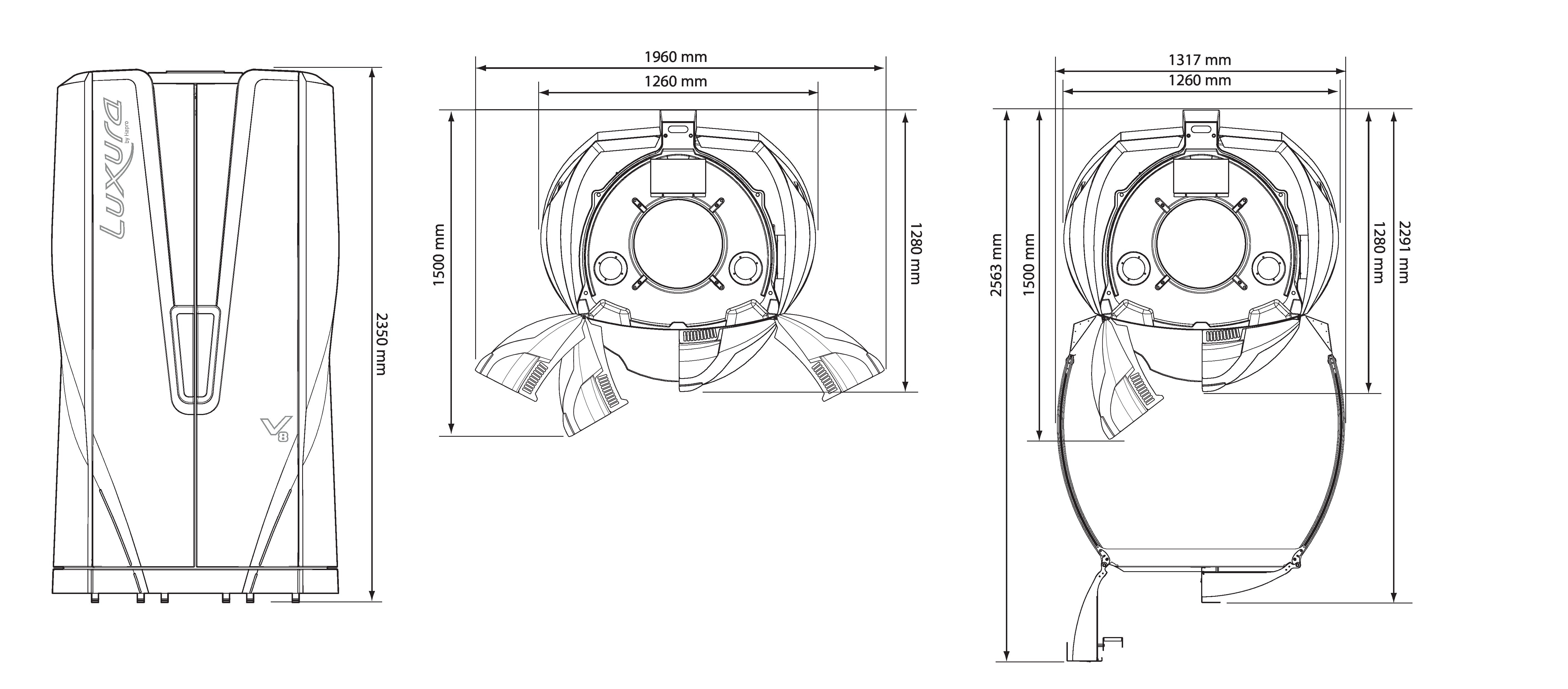 Technical drawings of the Luxura V8 vertical sunbed showing detailed front, top, and side dimensions.