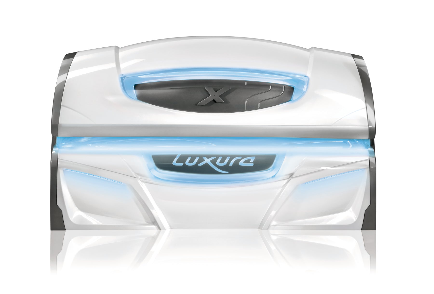 Front view of the Luxura X7 tanning bed with a glossy white exterior and soft blue FlowLight LED illumination.