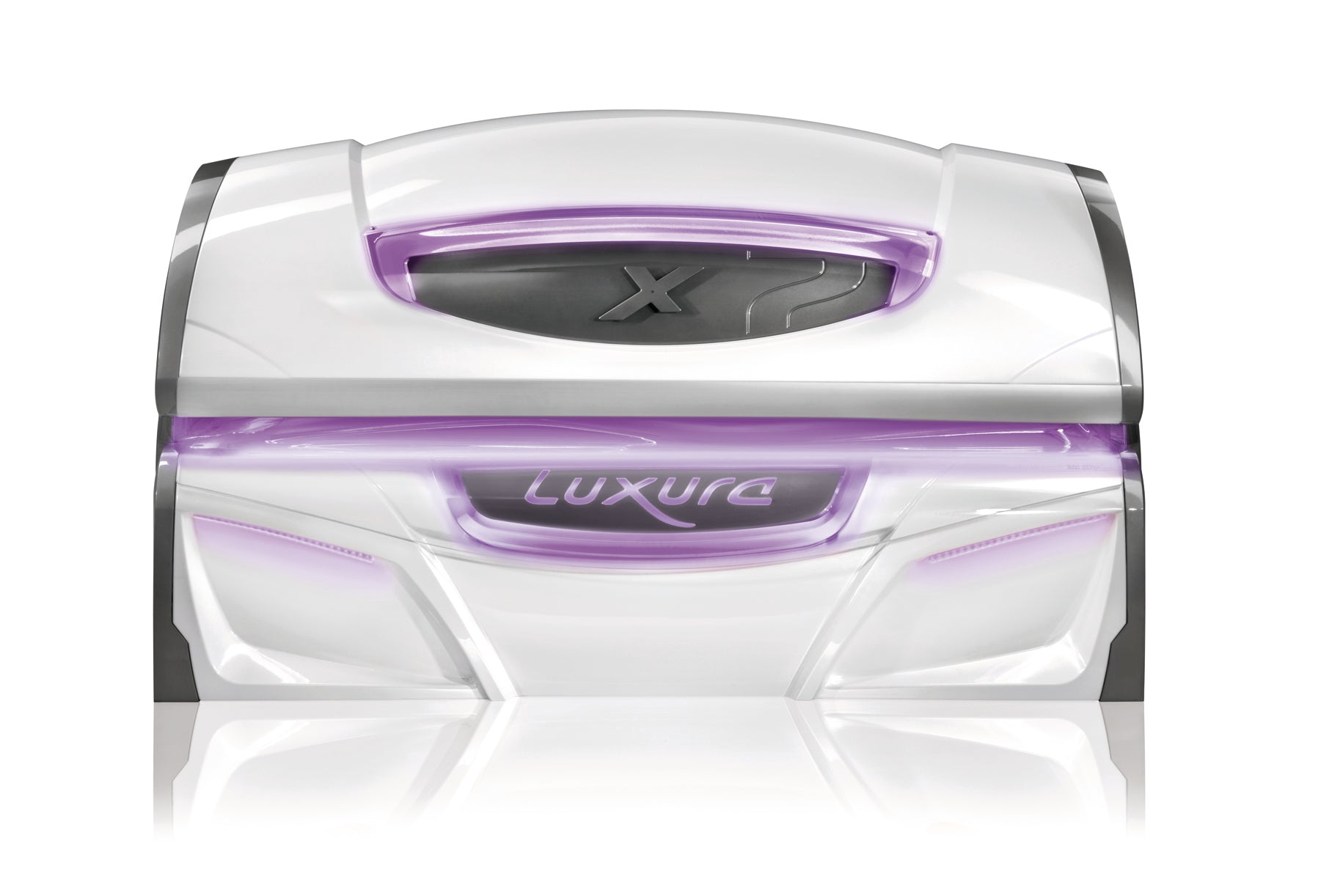 Front view of the Luxura X7 tanning bed featuring purple FlowLight LED accents across the front panel.