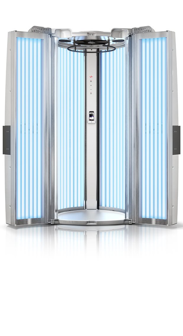 Luxura V6 tanning booth fully open, revealing blue vertical tanning lamps and central control column.