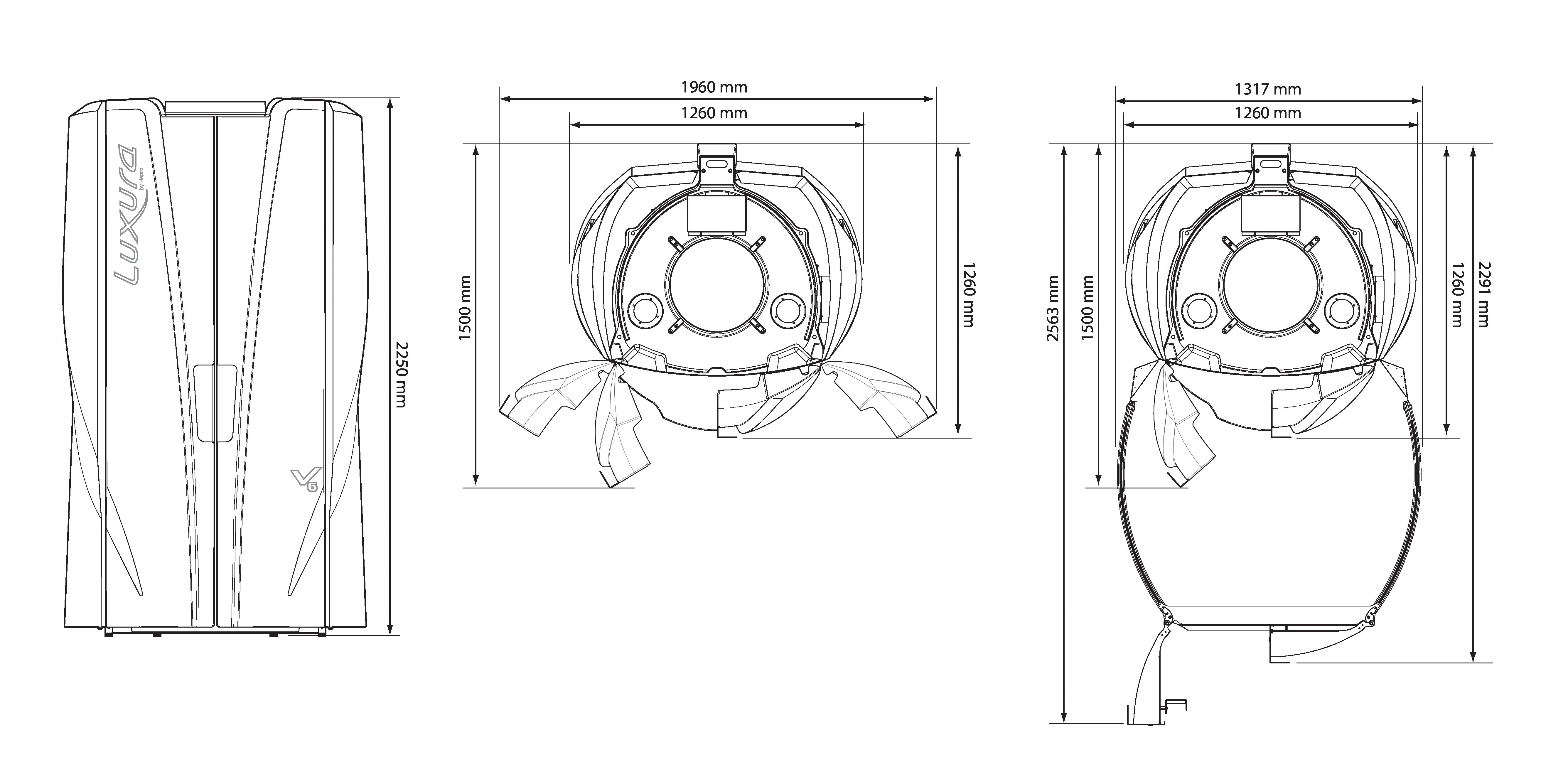 Technical drawings of the Luxura V6 sunbed showing dimensions and layout from front, top, and side views.