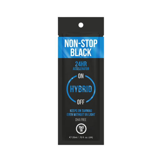 20ml sachet of Power Tan Non Stop Black Accelerator
